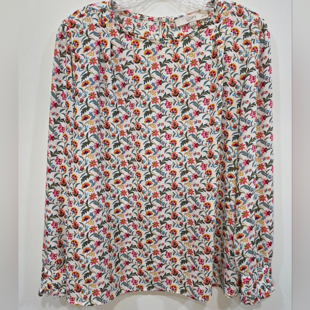 LOFT Women's White Pink Floral Blouse Shirt Long Sleeve Ruffle LP Cottagecore